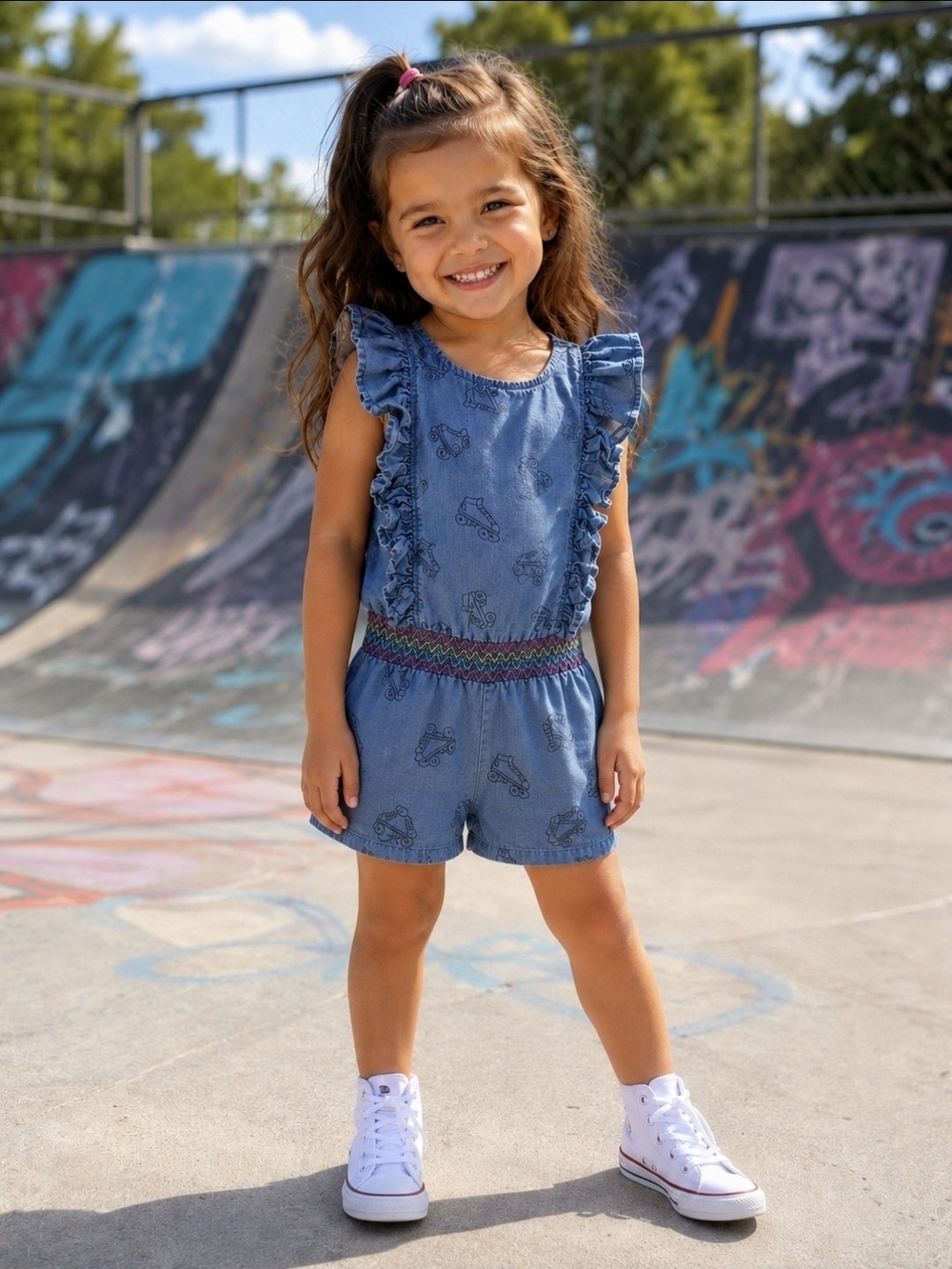 Cat & Jack Blue Denim-Print Roller Skate Ruffle Romper